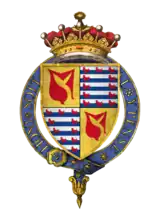 Quartered coat of arms of John Hastings, 2nd Earl of Pembroke, surrounded by the Order of the Garter