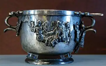 Skyphos with seated Augustus receiving vanquished barbarians