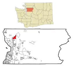A map of cities in Snohomish County, with the location of Arlington highlighted.