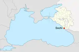 Map of Black Sea showing location of Sochi on the east coast