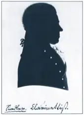 profile silhouette of clean-shaven man in late 18th-century dress with short wig