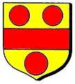 Or, a fess gules, between three torteaux