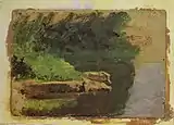 Landscape sketch, for Swimming, oil on cardboard, 4 × 5+3⁄4&nbsp;in (10 × 15&nbsp;cm), 1884