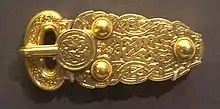 Buckle of Sutton Hoo; 580–620; gold and niello; length: 13.1 cm; British Museum (London)