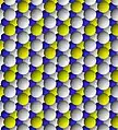 View of trioctahedral sheet of talc. Yellow spheres are hydroxyl; blue are magnesium. Apical oxygen binding sites are white.