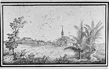 Sketch of a Surinamese plantation, showing trees in the foreground. In the background, a two-story plantation house with outbuildings appears on the left, a church just off center, and on the right is a laborer in front of the Suriname River on which is sailing a ship.