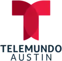 The Telemundo network logo, two red shapes forming a symmetrical letter T, above the words "Telemundo" and "Austin" in an off-black color on two separate lines.