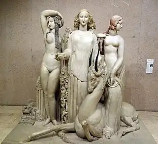Hommage à Jean Goujon; by Alfred Janniot; 1919–1924; limestone partially coloured; 220 x 235 x 129&nbsp;cm; Calouste Gulbenkian Museum, Lisbon, Portugal