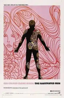 A black silhouette of a man with patches of multi-colored abstract tattoos, against a pink background, with a stylized orange line drawing of a long haired woman.