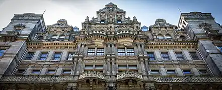 ornate stone facade from street level