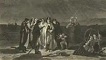 Night scene depicting Washington at center, standing among officers and Indians, around a lamp, holding a war council