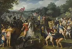 Painting depicting a scene from Plutarch showing Persian Women raising their skirts to mock their menfolk fleeing a battlefield