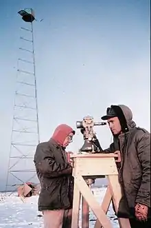 United States Coast and Geodetic Survey technicians observing with a 0.2 arcsecond (≈ 0.001&nbsp;mrad or 1&nbsp;μrad) resolution Wild T3 theodolite mounted on an observing stand. Photo was taken during an Arctic field party (c. 1950).