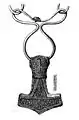 Drawing of a 4.6 cm gold-plated silver Mjölnir pendant found at Bredsätra on Öland, Sweden