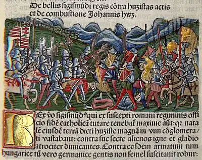 Chronica Hungarorum, Thuróczy chronicle, King Sigismund of Hungary, Hussites, campaign, battle, Hungary, Bohemia, Czech, fight, horses, armored soldiers, cavalry, Hungarian flag, Hungarian coat of arms, medieval, Hungarian chronicle, book, illustration, history