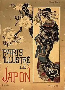 the front of an old French magazine showing a courtesan or oiran or 'geisha girl' in a colourful kimono her hair fantasically done up with cherry or almond blossom to the left