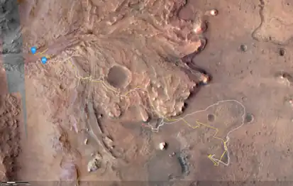 Ingenuity's total flight path (in yellow) at the end of mission.  Also shown is the track of the rover, Perseverance, up to that point.