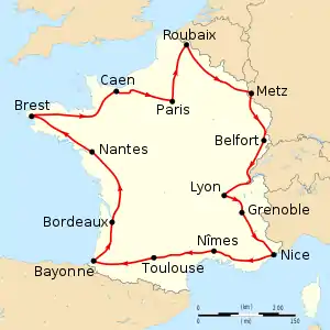 Map of France with the route of the 1908 Tour de France on it, showing that the race started in Paris, went clockwise through France and ended in Paris after fourteen stages.
