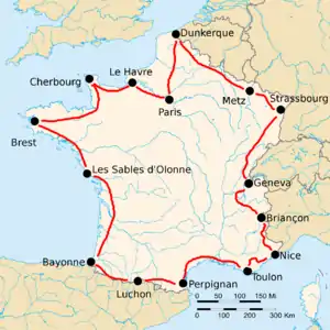 Route of the 1922 Tour de France followed counterclockwise, starting in Paris
