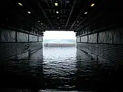 Stern of USS&nbsp;Juneau ballasted for amphibious operations