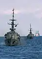 The Ecuadorian Navy corvette BAE Manabi (CM 12) during an exercise.