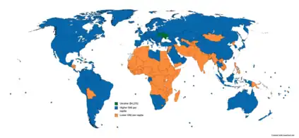 2022 GNI per capita:&nbsp;&nbsp;Ukraine (3 000 $) &nbsp;&nbsp;Higher GNI per capita compared to Ukraine &nbsp;&nbsp;Lower GNI per capita compared to Ukraine