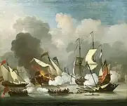 A seafight between oared ships and a sailed ship