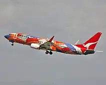 A Boeing 737-800 in 2005 wearing the Yananyi Dreaming livery, which drew on the work of internationally renowned Pitjantjatjara artist Rene Kulitja. The aircraft carried the colour scheme from 2002 to 2014.