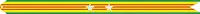 A yellow streamer with two green horizontal stripes on the outside and three horizontal red stripes and two silver stars and one bronze star in the center