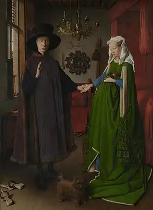 The Arnolfini Portrait; by Jan van Eyck; 1434; oil on panel; 82.2 x 60&nbsp;cm; National Gallery (London)
