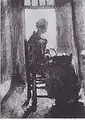 Peasant Woman Seated before an Open Door, Peeling Potatoes (b/w copy of painting), 1885, Private collection (F73)