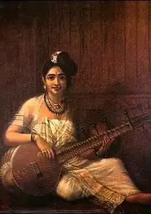 Malayali lady wearing Mundum neriyatum. Painted by Raja Ravi Varma, c. 1900.
