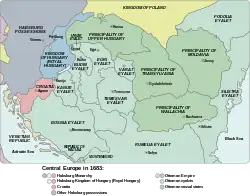 Ottoman rule on Hungary at its peak in 1683, including Budin, Egri, Kanije, Temesvar, Uyvar, and Varat eyalets. The semi-independent Principality of Transylvania was an Ottoman vassal state for the majority of the 16th and 17th centuries, the Principality of Upper Hungary was also a vassal state between 1682 and 1685.