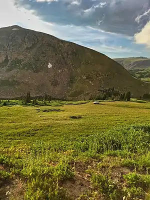 Illegal off-roading of a vehicle on Rollins Pass near Mount Epworth and Deadman's Lake. The alpine tundra is extremely fragile and can take 100–500 years to fully recover..mw-parser-output cite.citation{font-style:inherit;word-wrap:break-word}.mw-parser-output .citation q{quotes:"\"""\"""'""'"}.mw-parser-output .citation:target{background-color:rgba(0,127,255,0.133)}.mw-parser-output .id-lock-free.id-lock-free a{background:url("//upload.wikimedia.org/wikipedia/commons/6/65/Lock-green.svg")right 0.1em center/9px no-repeat}body:not(.skin-timeless):not(.skin-minerva) .mw-parser-output .id-lock-free a{background-size:contain}.mw-parser-output .id-lock-limited.id-lock-limited a,.mw-parser-output .id-lock-registration.id-lock-registration a{background:url("//upload.wikimedia.org/wikipedia/commons/d/d6/Lock-gray-alt-2.svg")right 0.1em center/9px no-repeat}body:not(.skin-timeless):not(.skin-minerva) .mw-parser-output .id-lock-limited a,body:not(.skin-timeless):not(.skin-minerva) .mw-parser-output .id-lock-registration a{background-size:contain}.mw-parser-output .id-lock-subscription.id-lock-subscription a{background:url("//upload.wikimedia.org/wikipedia/commons/a/aa/Lock-red-alt-2.svg")right 0.1em center/9px no-repeat}body:not(.skin-timeless):not(.skin-minerva) .mw-parser-output .id-lock-subscription a{background-size:contain}.mw-parser-output .cs1-ws-icon a{background:url("//upload.wikimedia.org/wikipedia/commons/4/4c/Wikisource-logo.svg")right 0.1em center/12px no-repeat}body:not(.skin-timeless):not(.skin-minerva) .mw-parser-output .cs1-ws-icon a{background-size:contain}.mw-parser-output .cs1-code{color:inherit;background:inherit;border:none;padding:inherit}.mw-parser-output .cs1-hidden-error{display:none;color:#d33}.mw-parser-output .cs1-visible-error{color:#d33}.mw-parser-output .cs1-maint{display:none;color:#2C882D;margin-left:0.3em}.mw-parser-output .cs1-format{font-size:95%}.mw-parser-output .cs1-kern-left{padding-left:0.2em}.mw-parser-output .cs1-kern-right{padding-right:0.2em}.mw-parser-output .citation .mw-selflink{font-weight:inherit}html.skin-theme-clientpref-night .mw-parser-output .cs1-maint{color:#18911F}html.skin-theme-clientpref-night .mw-parser-output .cs1-visible-error,html.skin-theme-clientpref-night .mw-parser-output .cs1-hidden-error{color:#f8a397}@media(prefers-color-scheme:dark){html.skin-theme-clientpref-os .mw-parser-output .cs1-visible-error,html.skin-theme-clientpref-os .mw-parser-output .cs1-hidden-error{color:#f8a397}html.skin-theme-clientpref-os .mw-parser-output .cs1-maint{color:#18911F}}"Alpine Tundra Ecosystem – Rocky Mountain National Park (U.S. National Park Service)". Nps.gov..mw-parser-output cite.citation{font-style:inherit;word-wrap:break-word}.mw-parser-output .citation q{quotes:"\"""\"""'""'"}.mw-parser-output .citation:target{background-color:rgba(0,127,255,0.133)}.mw-parser-output .id-lock-free.id-lock-free a{background:url("//upload.wikimedia.org/wikipedia/commons/6/65/Lock-green.svg")right 0.1em center/9px no-repeat}body:not(.skin-timeless):not(.skin-minerva) .mw-parser-output .id-lock-free a{background-size:contain}.mw-parser-output .id-lock-limited.id-lock-limited a,.mw-parser-output .id-lock-registration.id-lock-registration a{background:url("//upload.wikimedia.org/wikipedia/commons/d/d6/Lock-gray-alt-2.svg")right 0.1em center/9px no-repeat}body:not(.skin-timeless):not(.skin-minerva) .mw-parser-output .id-lock-limited a,body:not(.skin-timeless):not(.skin-minerva) .mw-parser-output .id-lock-registration a{background-size:contain}.mw-parser-output .id-lock-subscription.id-lock-subscription a{background:url("//upload.wikimedia.org/wikipedia/commons/a/aa/Lock-red-alt-2.svg")right 0.1em center/9px no-repeat}body:not(.skin-timeless):not(.skin-minerva) .mw-parser-output .id-lock-subscription a{background-size:contain}.mw-parser-output .cs1-ws-icon a{background:url("//upload.wikimedia.org/wikipedia/commons/4/4c/Wikisource-logo.svg")right 0.1em center/12px no-repeat}body:not(.skin-timeless):not(.skin-minerva) .mw-parser-output .cs1-ws-icon a{background-size:contain}.mw-parser-output .cs1-code{color:inherit;background:inherit;border:none;padding:inherit}.mw-parser-output .cs1-hidden-error{display:none;color:#d33}.mw-parser-output .cs1-visible-error{color:#d33}.mw-parser-output .cs1-maint{display:none;color:#2C882D;margin-left:0.3em}.mw-parser-output .cs1-format{font-size:95%}.mw-parser-output .cs1-kern-left{padding-left:0.2em}.mw-parser-output .cs1-kern-right{padding-right:0.2em}.mw-parser-output .citation .mw-selflink{font-weight:inherit}html.skin-theme-clientpref-night .mw-parser-output .cs1-maint{color:#18911F}html.skin-theme-clientpref-night .mw-parser-output .cs1-visible-error,html.skin-theme-clientpref-night .mw-parser-output .cs1-hidden-error{color:#f8a397}@media(prefers-color-scheme:dark){html.skin-theme-clientpref-os .mw-parser-output .cs1-visible-error,html.skin-theme-clientpref-os .mw-parser-output .cs1-hidden-error{color:#f8a397}html.skin-theme-clientpref-os .mw-parser-output .cs1-maint{color:#18911F}}"Stay the Trail Colorado - FAQ". Archived from the original on January 20, 2016. Retrieved February 25, 2016.