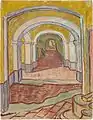 Corridor in Saint-Paul Hospital, Oil color and essence over black chalk on pink laid ("Ingres") paper1889The Metropolitan Museum of Art, New York (F1529)