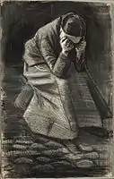 Weeping Woman (F1069, JH325), Black and white chalk, with brush and stumping, brush and black and grey wash, and traces of graphite, over a brush and brown ink underdrawing on ivory wove paper, 1883, Art Institute of Chicago.