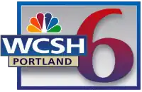 In a blue box with gray trim, the letters WCSH in a sans serif next to a serif 6 in a red-purple gradient and the NBC peacock.