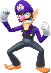 Promotional artwork of Waluigi wearing a purple hat and long sleeved shirt and black overalls