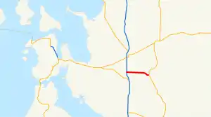 A map of western Skagit County that shows the current route SR 538 highlighted in red.