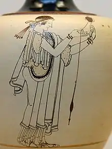 Woman spinning. Detail from an Ancient Greek attic white-ground oinochoe, ca. 490&nbsp;BC, from Locri, Italy. British Museum, London.
