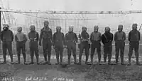 Football team of British soldiers with gas masks, Western front, 1916