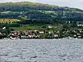 Paddle steamers Stadt Rapperswil (to the left) and Stadt Zürich on centennial tour, Pfannenstiel summit in the background (June 2009)