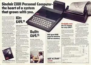 A two-page advertising spread showing the ZX81 with a 16 KB RAM pack and ZX Printer attached, next to the headline "Sinclair ZX81 Personal Computer – the heart of a system that grows with you"