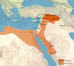 The Zengid state under Zengi in 1145, and expansion under Nur al-Din in 1174 CE.