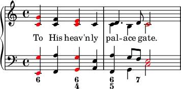 {
\override Score.SpacingSpanner.strict-note-spacing = ##t
\set Score.proportionalNotationDuration = #(ly:make-moment 1/8)
\new PianoStaff <<
\new Staff <<
\new Voice \relative c' {
\clef treble \time 4/4
\once \override NoteHead.color = #red <c g'>4 <c f> \once \override NoteHead.color = #red <c e> c
\stemDown c4 b \once \override NoteHead.color = #red c2
}
\addlyrics { To His heav'n -- ly pal -- ace gate. }
\new Voice \relative c' {
s1 \stemUp d4. d8 \once \override NoteHead.color = #red c2
}
>>
\new Staff <<
\new Voice \relative c, {
\clef bass \time 4/4
\once \override NoteHead.color = #red <e g'>4 <f a'> \once \override NoteHead.color = #red <g g'> <a e'>
<f a'> \stemDown g \once \override NoteHead.color = #red c2
}
\new Voice \relative c' {
s1 s4 \stemUp g8 f \once \override NoteHead.color = #red e2
}
\figures {
<6>2 <6 4>2 <6 5>4. <7>8
}
>>
>> }
