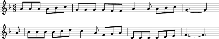 \new Staff <<
\clef treble \key f \major {
\time 6/8 \partial 2.
\relative a' {
a8 a a a bes c | g8 g g g f f# | a4 a8 a bes c | g4.~ g4 \bar"" \break
a8 | bes8 bes bes bes c d | c4 a8 f g a | c,8 c c c d e | f4.~ f4. \bar"" \break
}
}
%\new Lyrics \lyricmode {
%}
>>
\layout { indent = #0 }
\midi { \tempo 4. = 56 }