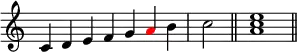 {
\override Score.TimeSignature #'stencil = ##f
\relative c' {
\clef treble
\time 7/4 c4 d e f g \once \override NoteHead.color = #red a b \time 2/4 c2 \bar "||"
\time 4/4 <a c e>1 \bar "||"
} }