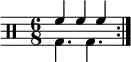 \new Staff <<
\new voice \relative c' {
\clef percussion
\numericTimeSignature
\time 6/8
\set Score.tempoHideNote = ##t \tempo 4. = 80
\stemDown \repeat volta 2 { g4. g }
}
\new voice \relative c' {
\stemUp \repeat volta 2 { f4 f f }
}
>>