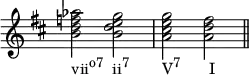 {
\set Score.proportionalNotationDuration = #(ly:make-moment 1/4)
\omit Score.TimeSignature
\key d \major
\relative c'' {
<b d f aes>2_\markup { \concat { "vii" \raise #1 \small "o7" \hspace #1.2 "ii" \raise #1 \small "7" \hspace #4.7 "V" \raise #1 \small "7" \hspace #4 "I" } } <b d e g> <a cis e g> <a d fis> \bar "||"
}
}
