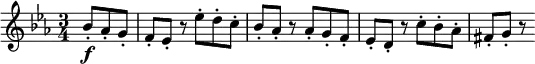 \relative bes' {
\key es \major \time 3/4
\partial 4. bes8-. \f as-. g-.
f8-. es-. r es'-. d-. c-.
bes8-. as-. r as-. g-. f-.
es8-. d-. r c'-. bes-. as-.
fis8-. g-. r
}